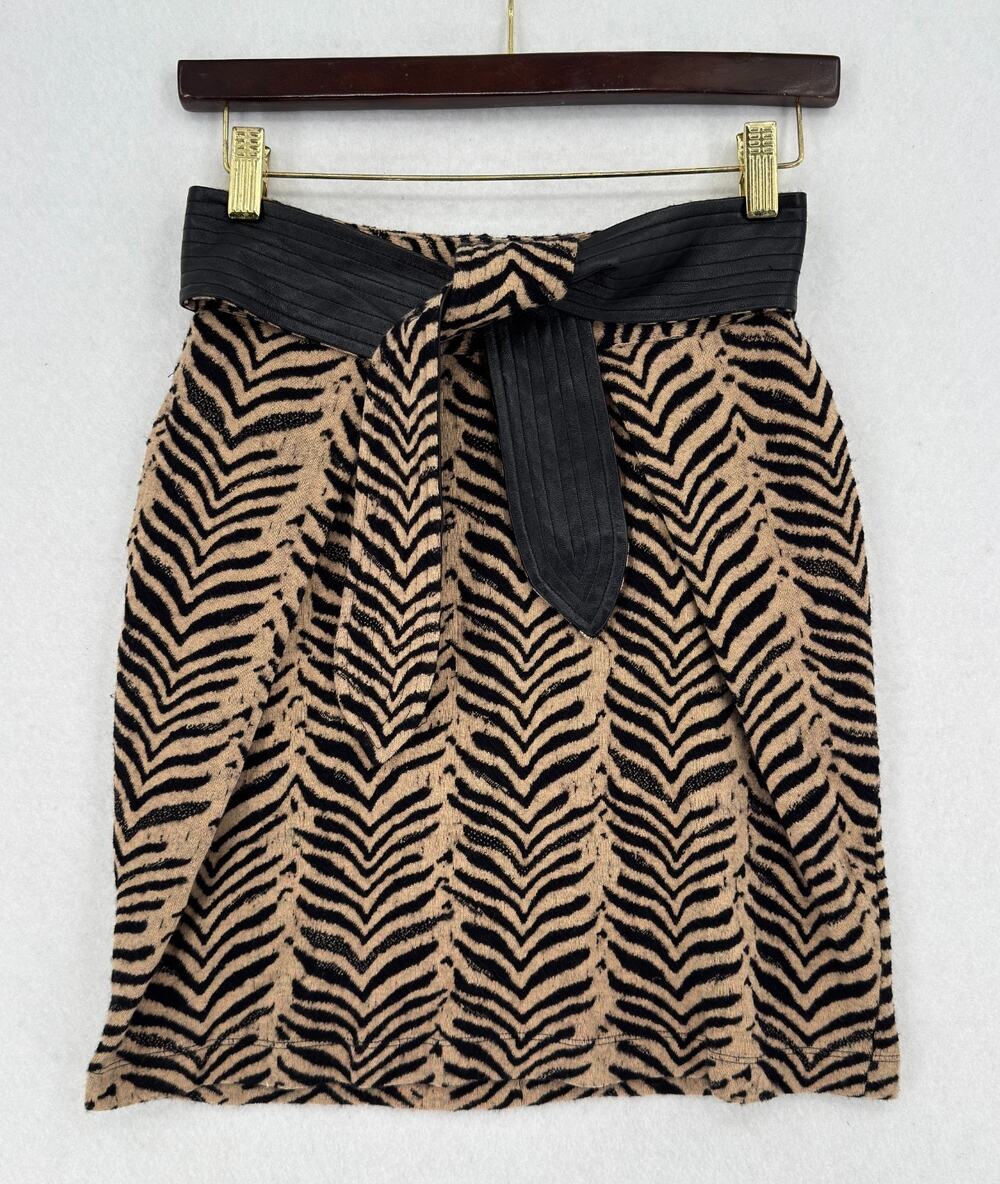 Sea New York Brown Tiger Stripe Knit Leather Tie Waist Short Skirt Sz 2